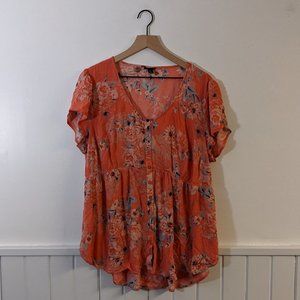 Torrid 2 Coral Floral Button Down Babydoll Blouse